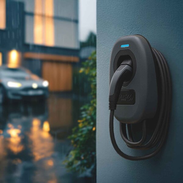 A Sync Energy wall-mounted EV charger with tethered cable plugged in, on an exterior wall with a car and house in the background