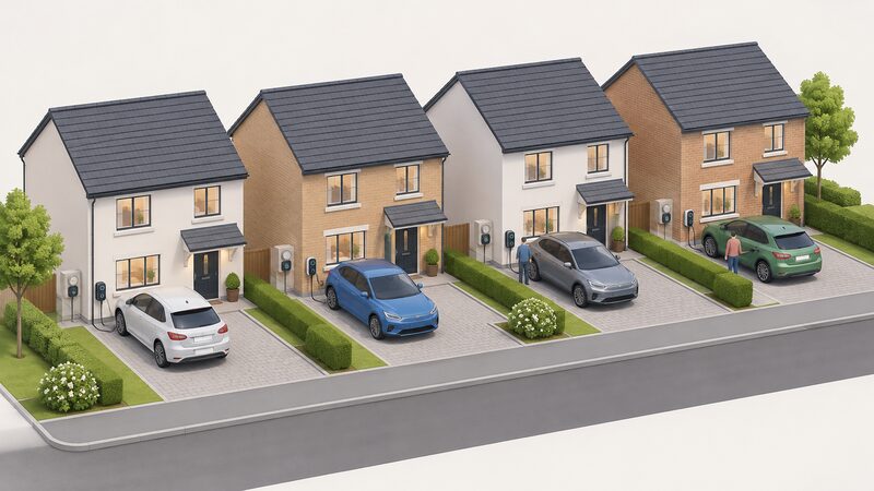 A row of neighbouring driveways each showing a domestic electric car plugged by a charging cable into a small wall-mounted home chargepoint, with a smart meter visible on an outside wall, representing households taking part in a V2G trial.