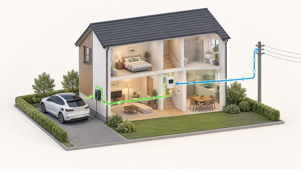 A cutaway house at night-free daytime with an electric car parked on the drive, a bidirectional wall charger mounted on the external wall beside it with a cable running to the car, and a smart meter on an inside wall, showing energy flowing between car, home and grid.