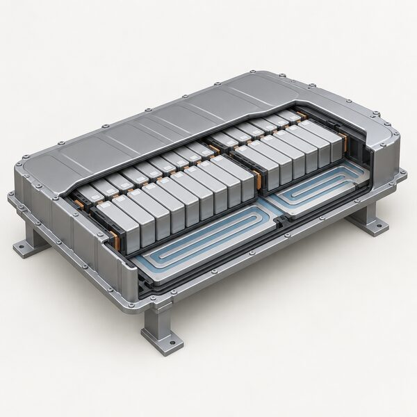 A cutaway view of a flat electric car battery pack mounted on a simple stand, showing rows of rectangular lithium cells inside a sealed casing with cooling plates, drawn as a clean technical illustration with no vehicle around it.