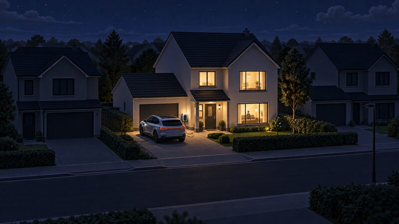 A car parked on a driveway at night connected by a cable to a wall-mounted bidirectional charger on the house, with the house windows lit while neighbouring houses along the street stand dark in an outage.