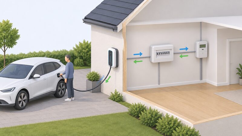 A simplified cutaway diagram of a house wall with a bidirectional wall charger on the outside next to a parked car on a driveway, connected by a cable, and on the inside by wiring running to a consumer unit and onward to an electricity meter, with paired arrows showing energy flowing both ways along each link.