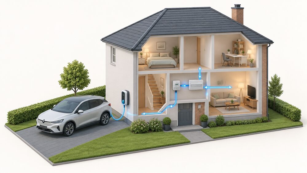 A cutaway house exterior showing an electric car parked on the driveway with a cable running to a bidirectional wall charger mounted on the external wall, and inside the house the electricity meter and consumer unit connected so power flows from the car into the home circuits.