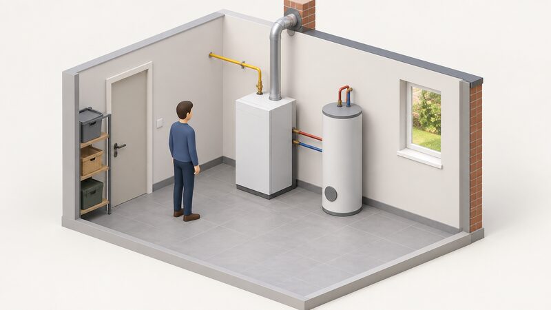 An isometric utility room showing a floor-standing fuel cell unit beside a hot water cylinder, with gas supply pipework, heating flow and return connections, and a flue pipe rising from the unit through the wall, illustrating the plant space such an installation requires.
