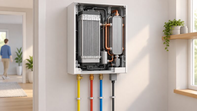 A cutaway view of a domestic wall-hung fuel cell unit showing the fuel cell stack and heat exchanger inside, with connection points where the gas pipe, heating water flow and return pipes, and electrical supply enter the casing.