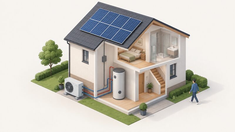 An isometric cutaway of a house with a rooftop solar panel array, an air source heat pump unit on an outside wall, and a hot water cylinder inside, connected by pipework and cable to show separate products working together as one on-site generation and heating setup.