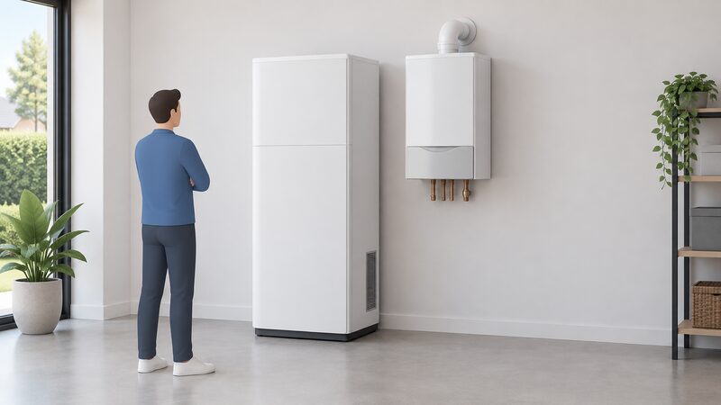 A tall white floor-standing fuel cell unit standing on the floor beside a smaller wall-mounted gas condensing boiler on the wall above it, side by side to show the clear difference in size and form between the two appliances.