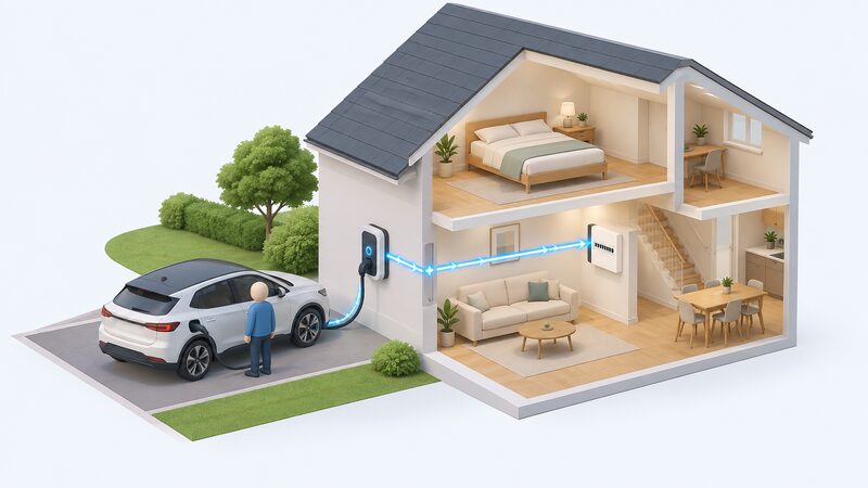 A cutaway house diagram showing a simplified isometric figure's electric car on the driveway connected by a cable to a bidirectional wall charger, with a power flow line running from the charger through the wall into the consumer unit on an inside wall.