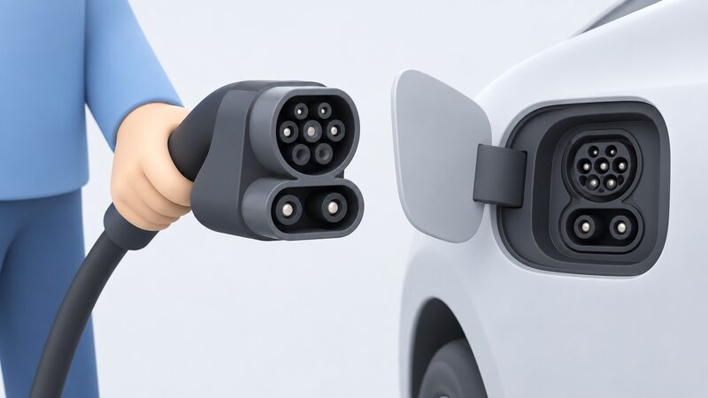 A close-up of a CCS charging plug held in a simplified figure's hand, showing the upper Type 2 pin section and the two additional larger DC pins below it, with the matching combined inlet on a car visible beside it.