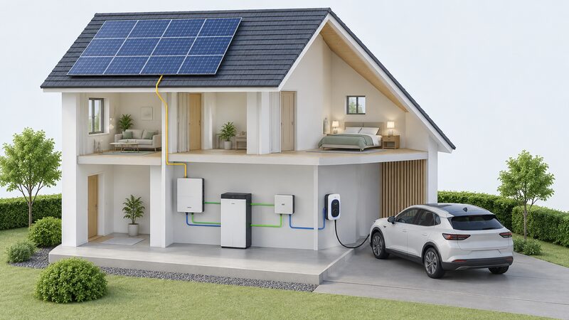 A cutaway house view showing roof-mounted solar panels connected to an inverter and home battery, then to a wall-mounted bidirectional EV charger beside a parked car, with a small energy management control unit linking the elements so surplus solar can be directed into the vehicle.