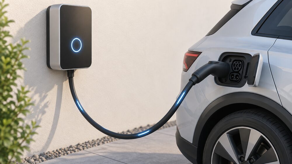 A close-up of a compact bidirectional EV charger unit mounted on an outside house wall, its cable ending in a CCS connector plugged into a car's combined charging inlet, with energy shown flowing between the charger and the car.