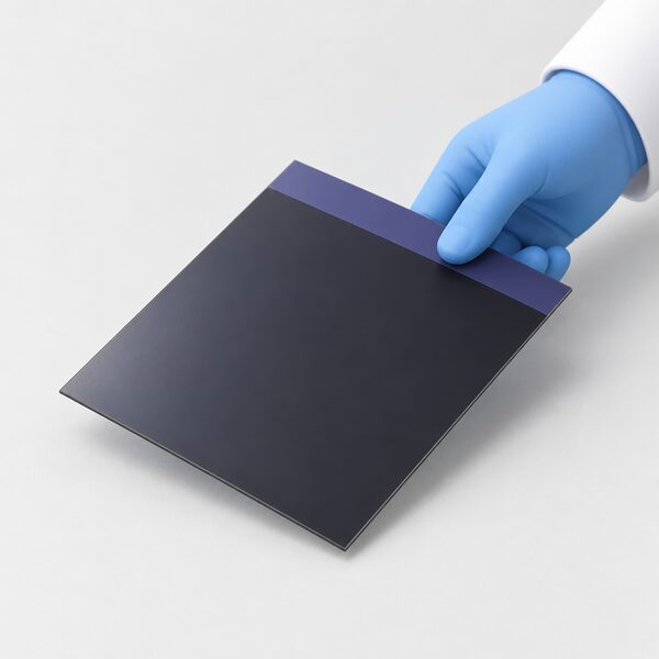 A small flat thin film solar material sample sheet lying on a plain laboratory or workshop bench, held at one edge by a gloved hand, shown as a simple dark coated rectangle with a plain colour band, with no roof or installation scene.