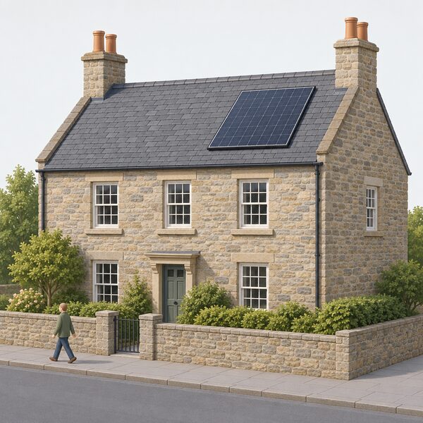 A plain rectangular solar panel mounted on the pitched slate roof of an older stone building with chimneys and small-paned windows, shown from the street with the panel fixed flush to the roof slope.