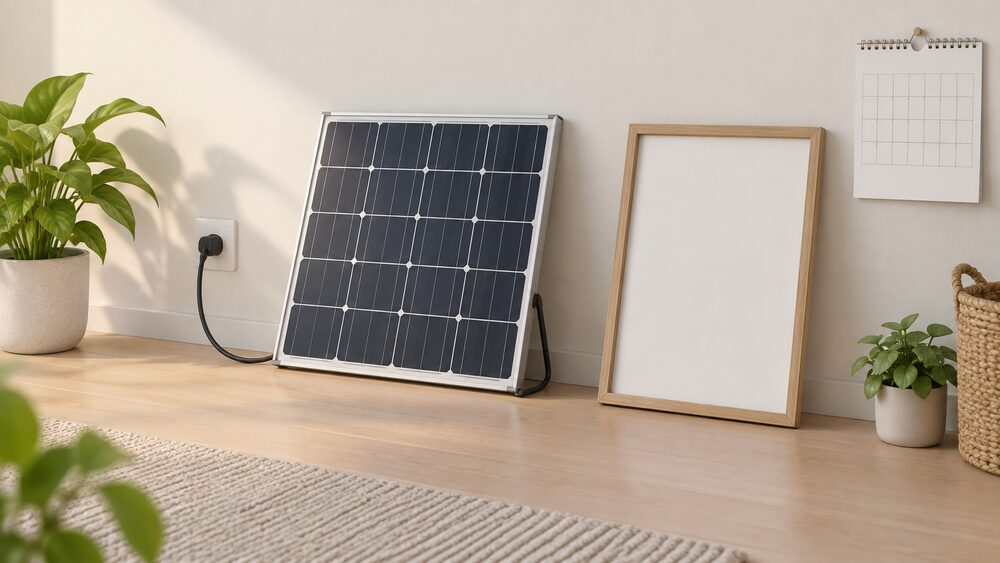 A small plug-in solar panel with silicon cells leans against a wall indoors, its cable running to a domestic wall socket, beside a blank wall calendar and an empty picture frame standing in for the panel that does not exist yet.