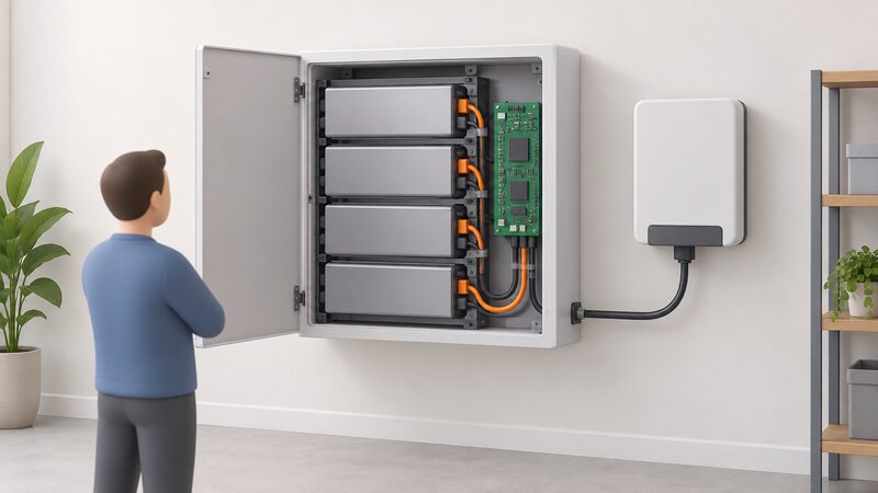 A cutaway home battery cabinet on a plain indoor wall, opened to show stacked cell modules, a battery management system board beside them, and a cable running from the assembly to an inverter interface terminal, with no cell chemistry indicated visually.
