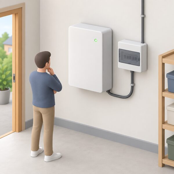 A plain rectangular wall-mounted home battery unit fixed to an interior wall of a UK home, shown as a simple generic product with a smooth casing, a small indicator light and a cable running to a nearby inverter or consumer unit, with no branding or chemistry markings.
