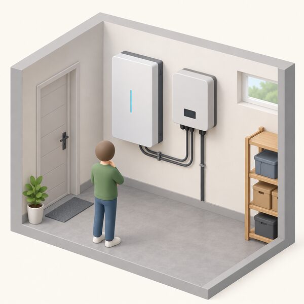 A wall-mounted home battery unit installed indoors beside its solar inverter, shown as the everyday equipment a household would compare prices for, with a simplified figure looking at the pair.