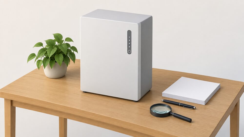 A compact domestic battery cabinet, a plain rectangular wall-style unit, stands on a wooden table beside a small stack of blank paperwork, a pen and a magnifying glass, suggesting a household comparing what is actually available to buy before committing.