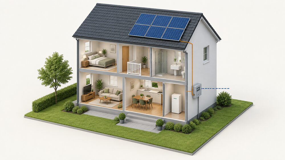 A cutaway house with rooftop solar PV panels on the roof, a battery storage unit and the electricity meter box on an external wall, with the meter marking the boundary between the domestic side and the network side.
