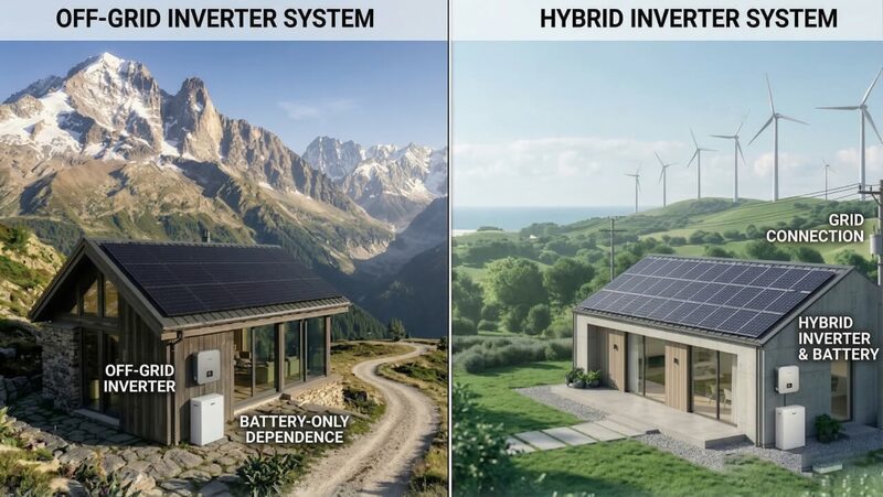 A side-by-side comparison graphic of an off-grid inverter system on a mountain cabin versus a hybrid inverter system with battery on a grid-connected house with wind turbines
