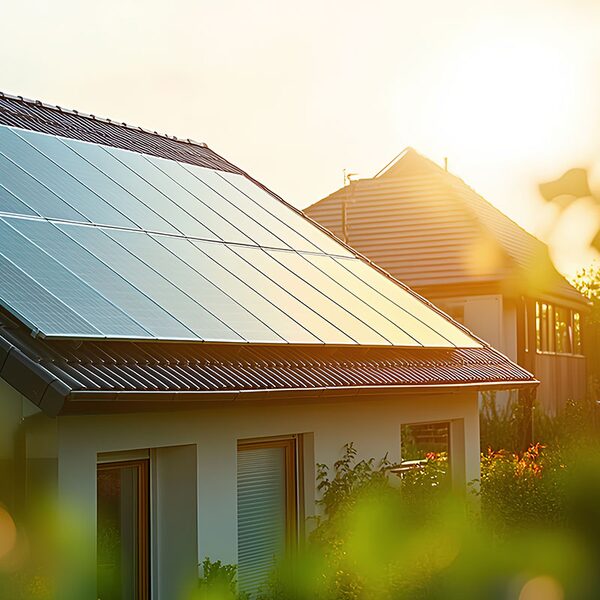 Solar panels covering the roof of a house in warm sunlight