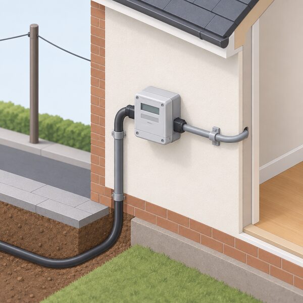 A simplified isometric view of a house wall at the grid connection point, showing an export meter mounted beside the incoming service cable from the street's distribution network, with the meter positioned where the household installation's cable meets the network supply.