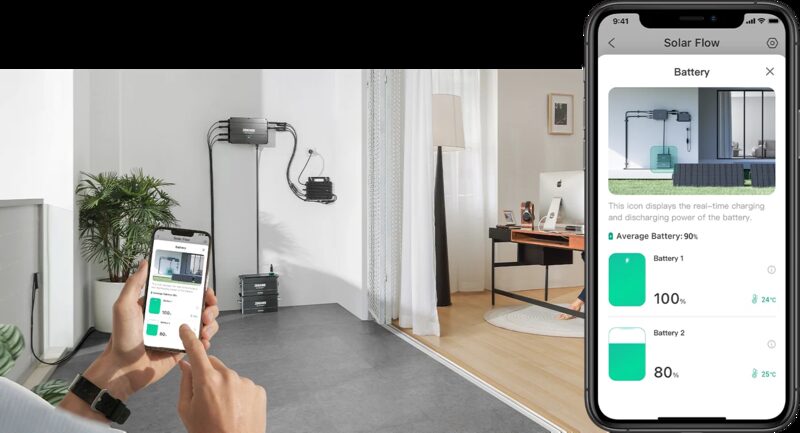 A Zendure SolarFlow balcony solar battery system mounted on a wall in a home, with a hand holding a phone showing the app's battery monitoring screen
