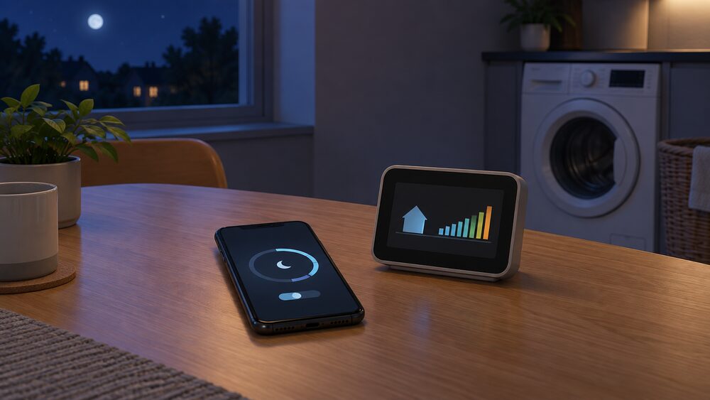 A smartphone with a blank screen lying on a kitchen table at night beside an in-home smart meter display unit, with a washing machine standing quietly in the dim background ready to be run in the cheap overnight window.