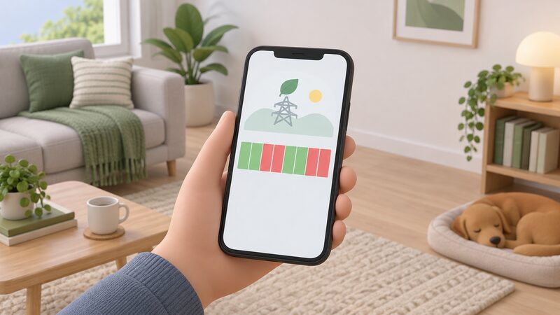 A hand holds a smartphone in a home setting, its screen showing a simple forecast display with a row of plain colour bands alternating green and red across a timeline, indicating good and bad windows for using electricity.