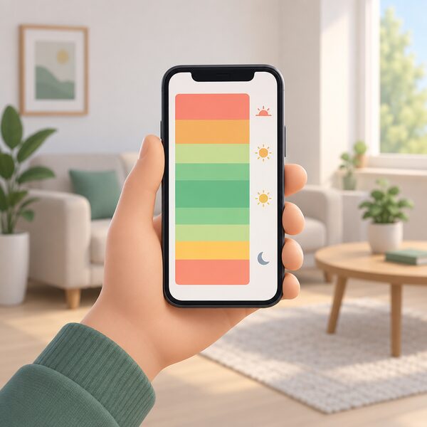 A hand holding a smartphone whose screen shows a simple energy timing app with plain colour bands marking cleaner and dirtier periods of the day, drawn as a physical object in a home setting with no readable words or numbers.