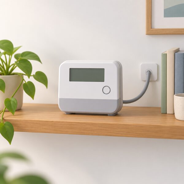 A single smart meter, the compact wall- or shelf-mounted electricity meter with its small digital display, sitting on a household shelf with its cable running to the wall, shown as the only hardware needed beyond an app to shift electricity use off-peak.