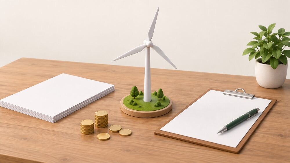 A small model of a single wind turbine stands on a wooden table beside blank paperwork, a clipboard with a pen, and a few coins, suggesting a community society's ownership documents for its generating asset.