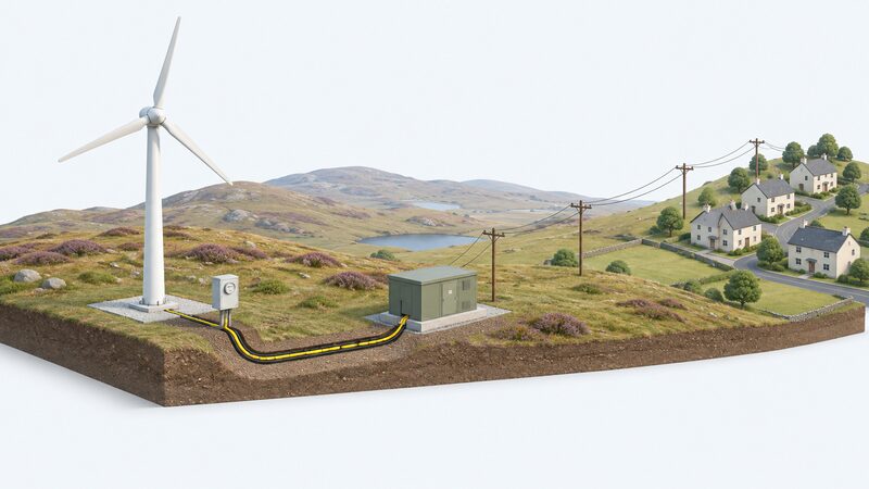 A simplified diagram of a single community wind turbine on upland moorland, connected by a buried cable to a small substation and onward overhead lines to local houses, with an export meter shown at the connection point.