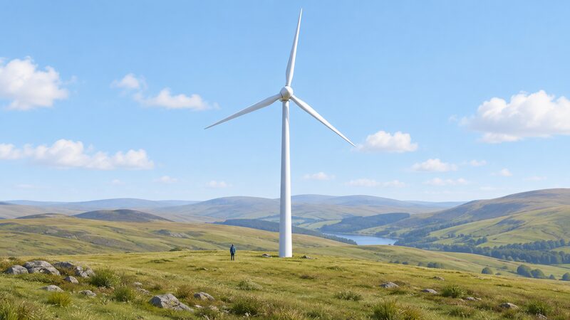 A single modern wind turbine standing alone on open grassy upland hills in mid Wales, with no other turbines or buildings nearby, seen from a distance under an open sky.