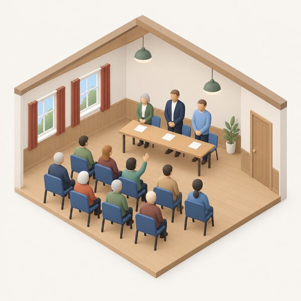 A small simplified isometric scene of an annual general meeting in a modest village hall, with several plain-clothed member figures seated facing a table at the front where a few figures stand as the elected board, one member raising a hand to vote.