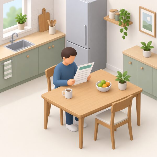 A simplified isometric figure seated at a kitchen table reading a printed share document held in both hands, the sheet showing a plain colour header band and blank ruled lines for the minimum holding, term and withdrawal rules, with nothing readable on it.