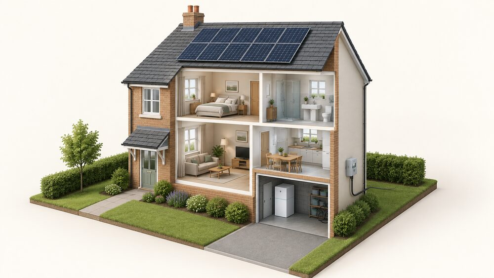 A cutaway of a modest UK house with solar panels on its pitched roof, a battery unit standing in the garage, and the electricity meter and grid connection cable still in place on an outside wall, showing a grid-tied home that generates and stores its own power.