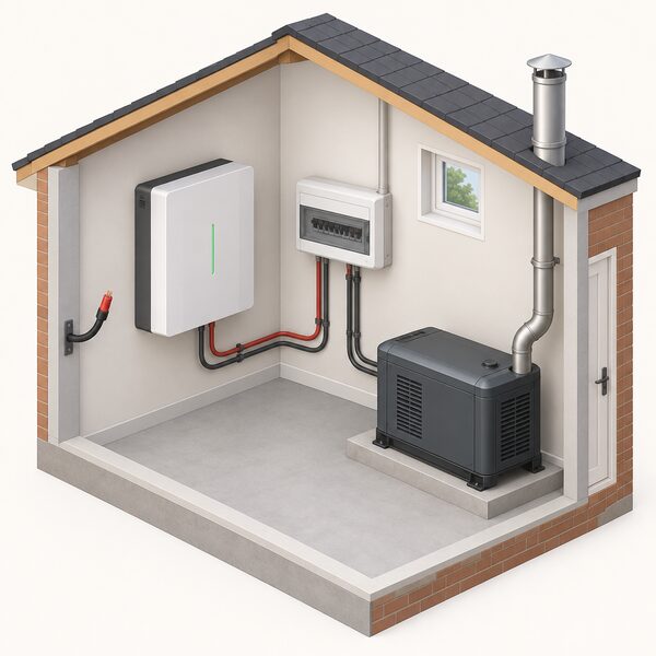 A cutaway indoor utility room showing a wall-mounted battery storage unit beside a fuel-burning backup generator with an exhaust flue, wired to a consumer unit, with the incoming grid cable shown severed and capped so no grid connection exists.
