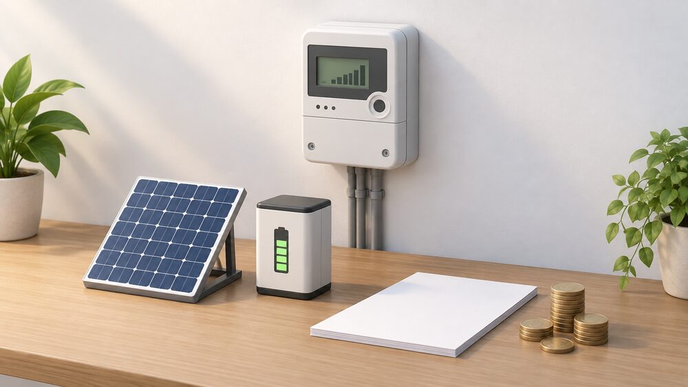A smart electricity meter mounted on a plain indoor wall, with a small model rooftop solar panel and a small model home battery standing on a table beside blank paperwork and a few coins, representing surplus electricity being recorded and paid for.