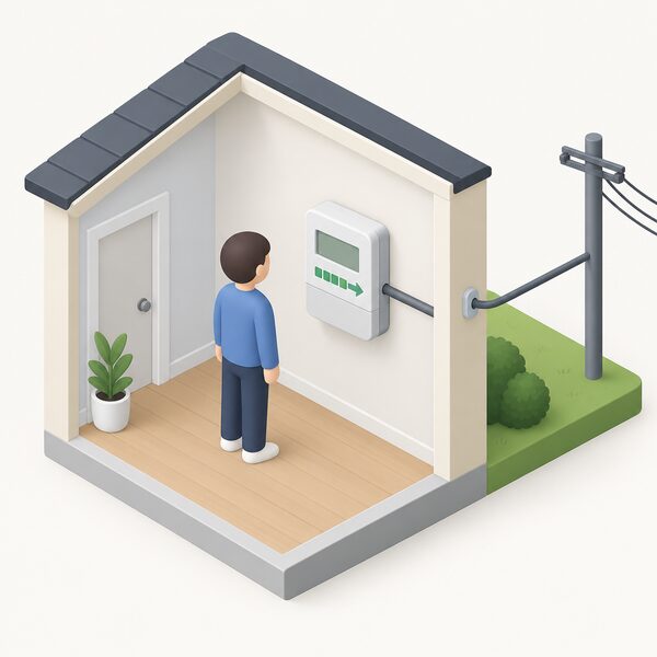 A small isometric figure stands beside a wall-mounted smart electricity meter inside a home, the meter connected by a cable running through the wall to the grid outside, with a blank display screen and plain indicator blocks showing it recording exported electricity.