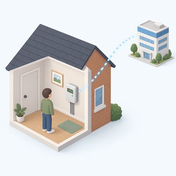 A small isometric indoor scene showing a smart electricity meter mounted on a wall inside a home, with a simplified figure nearby, and a plain signal travelling from the meter out through the wall towards a distant supplier, shown as a simple building with a plain colour band and no words.