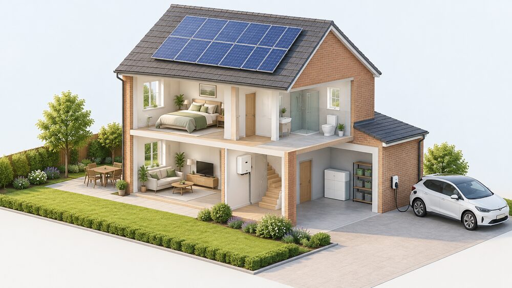 A cutaway UK house on a sunny summer day with solar panels on the roof, an inverter on an inside wall, a home battery in the garage, and an electric car plugged into a charge point on the outside wall beside the drive.