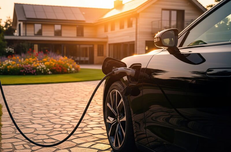 An electric car charging on a driveway outside a house with rooftop solar panels at sunset