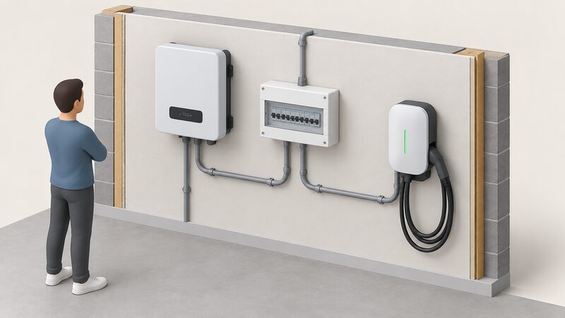 An isometric cutaway of a home wall showing a wall-mounted EV charge point with a charging cable, mounted beside a solar inverter and a consumer unit, all connected by visible conduit to show the charge point fed downstream of the inverter's AC output.
