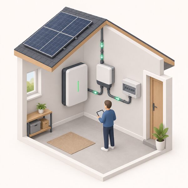 A wall-mounted home battery unit installed indoors, connected by cables to a solar PV inverter and the household consumer unit, with a simplified isometric figure checking it, showing surplus solar energy being stored for later use.