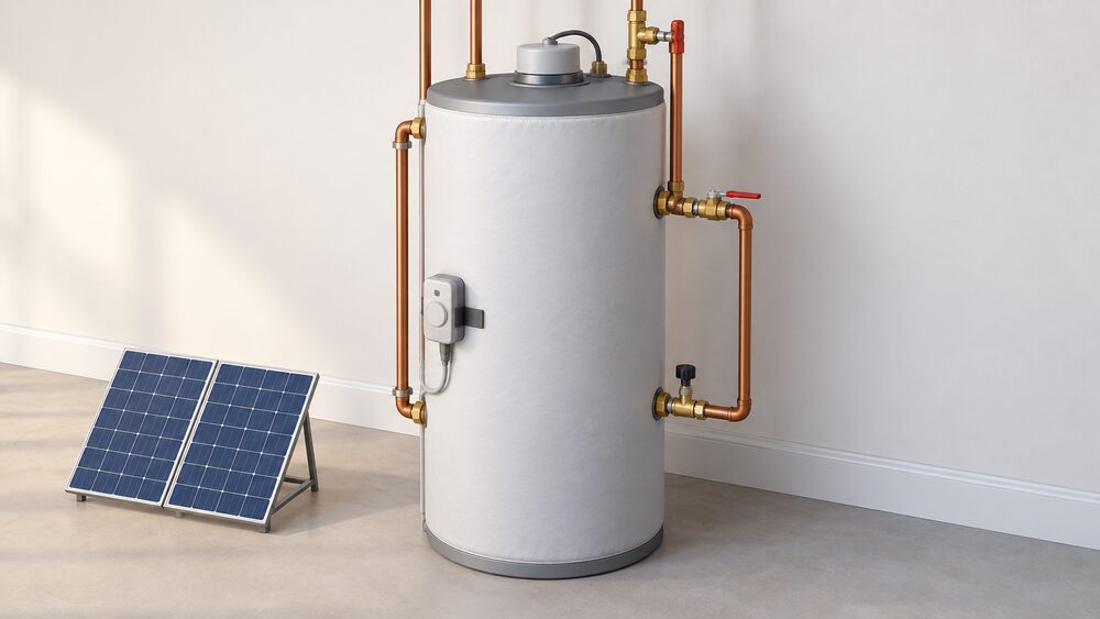 A tall insulated hot water cylinder standing indoors, shown close up with its insulated jacket, copper pipework entering at the top and sides, an immersion heater fitting on the top, and a thermostat strap on the side, with a small model of solar panels beside it to suggest surplus solar charging the tank.