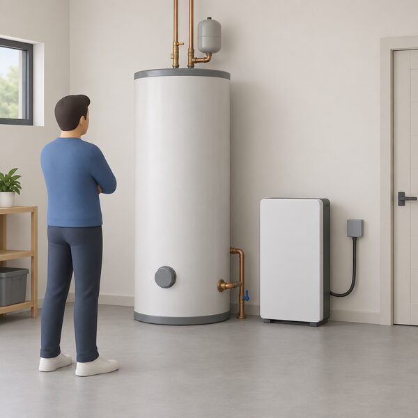 A tall cylindrical 300 litre hot water tank standing on the floor of a plain room beside a much smaller compact home battery unit, drawn to the same scale so the tank's bulk is clearly far larger than the battery's slim box.