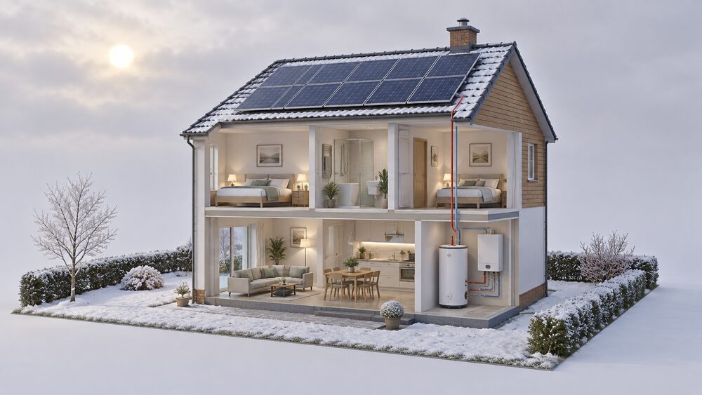 A cutaway house on an overcast winter day with solar panels on its roof under a low sun, a hot water cylinder standing in an indoor utility space, and a boiler connected to it, showing the roof array and the indoor backup heating working as one system.