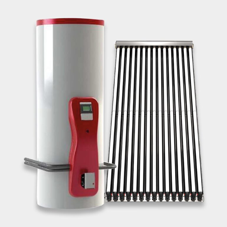 A solar thermal system comprising a white and red hot water cylinder with a red control unit and an evacuated tube solar collector panel