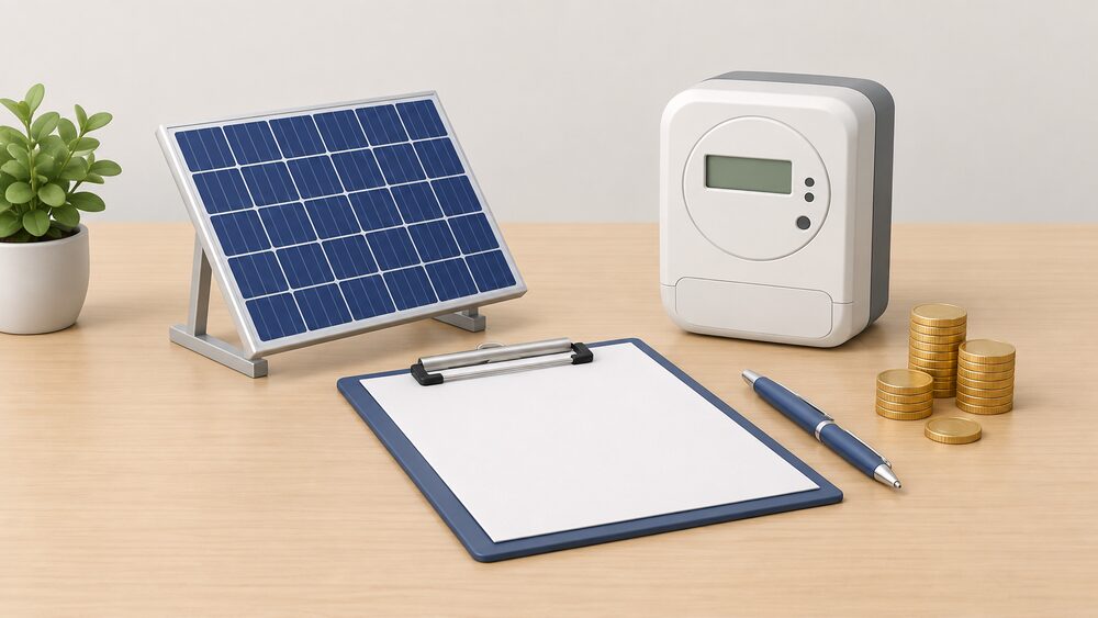A small model of a rooftop solar panel stands on a table beside a smart electricity meter, a blank application form on a clipboard, a pen and a short stack of coins, suggesting a community group arranging export payments for metered electricity sent to the grid.